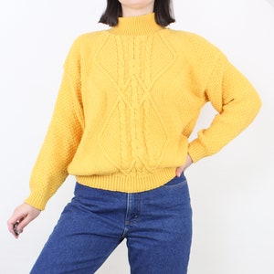 Vintage 80&#39;s marigold yellow knit pullover sweater, Across America, cable front, heavy 100% cotton, mock neck, chunky knit, color block