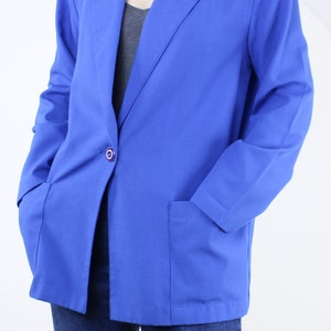 Vintage 90's blue blazer, muted royal blue, rayon poly blend, pockets, collared, single purple button closure, shoulder padding, lightweight image 3