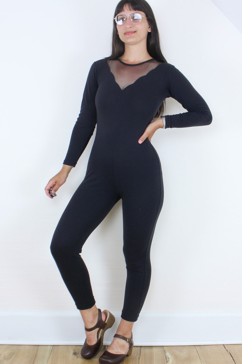 Vintage 90's Bonjour black jumpsuit, sheer detailed neckline, stretchy, comfy, long sleeve, leggings, aerobics, cat suit, minimalist, grunge image 2