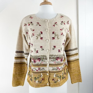 Vintage 90&#39;s ramie cotton floral embroidered cardigan sweater, Heirloom Collectibles, cottage core, neutral autumn warm tones, grandma, boho