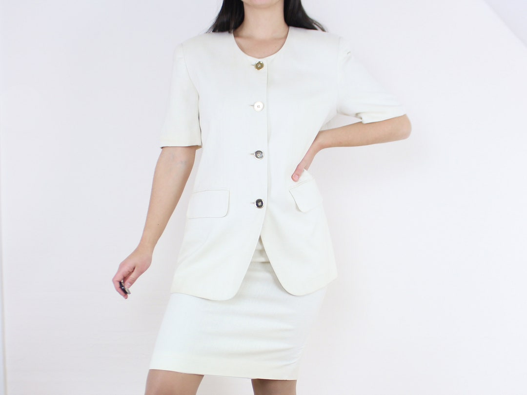 Vintage 90's Cream Suit Set, Jones NY, Short Sleeve Blazer, Mini Pencil