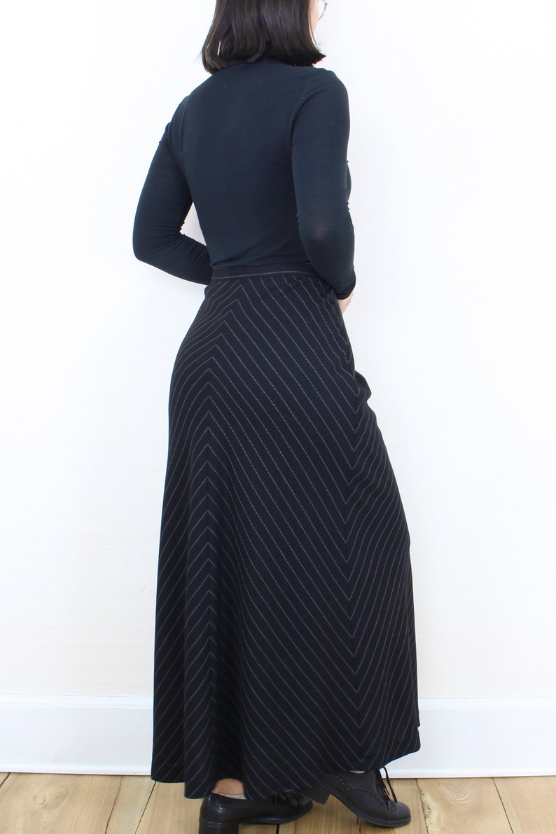 Vintage 90's 28W Escada maxi skirt, black, white dotted v shaped stripes, A-line bias cut, wool, rayon lined, side zip, designer, minimalist image 7