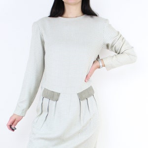 Vintage 90&#39;s Ann Taylor midi dress, Houndstooth, beige & white, pleats, long sleeve, button up back, drop waist, rayon, minimalist, academia