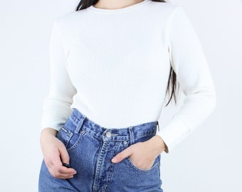Vintage 90's off white thermal top, waffle knit, long john top, crew neck, layering, minimalist, outdoor, comfy casual, under shirt