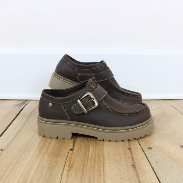 Vintage 1992 L.A. Underground chunky shoes, deadstock, new in box, brown faux leather, grunge, buckle, platform, Size 7 Women's