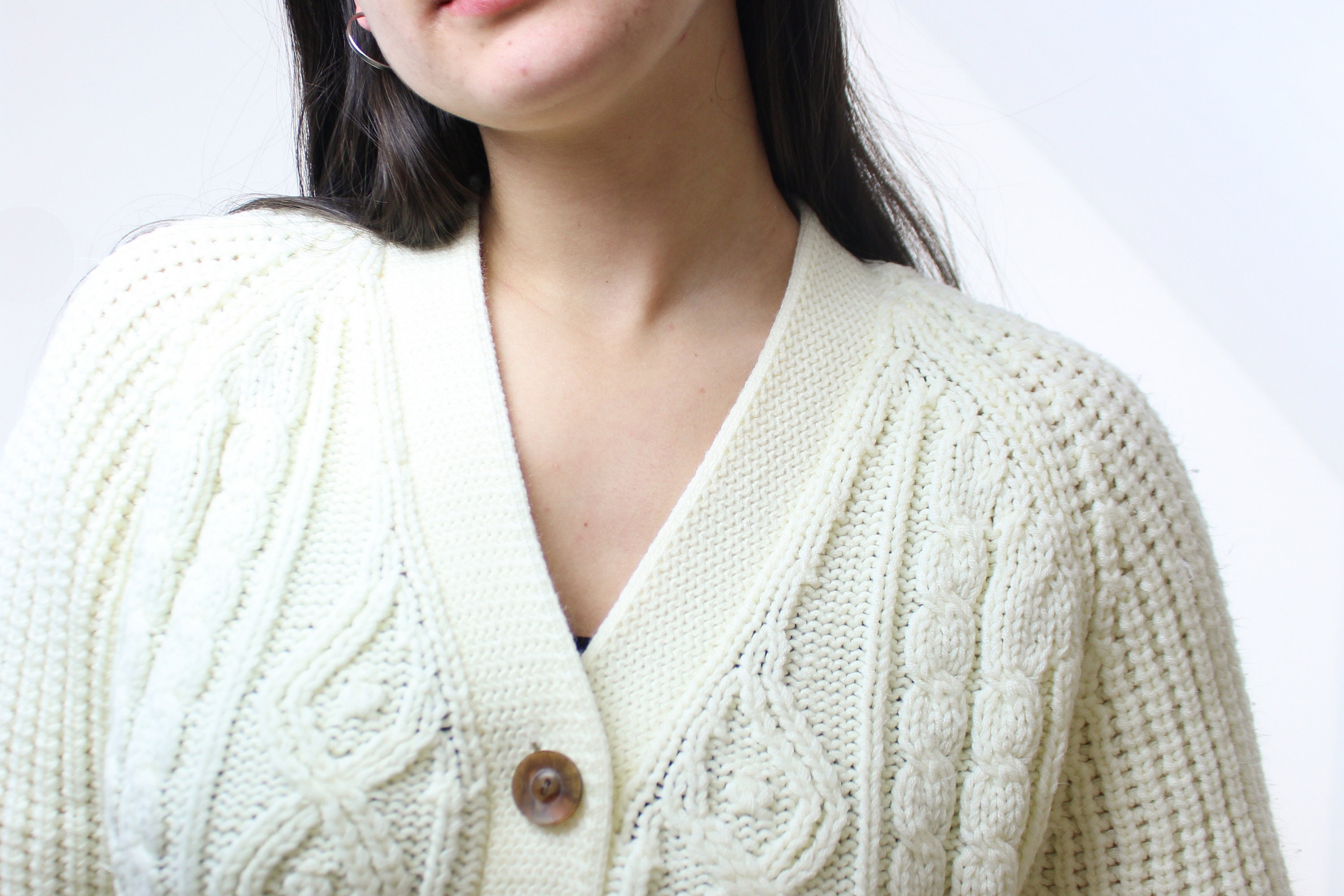 Vintage 70s Cardigan Women's Medium Cream Acrylic Cable Knit