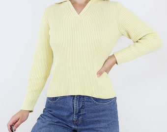 Vintage 90s light yellow rib knit top, collared sweater, long sleeve, heavy cotton, v-neck, Villager, minimalist, casual, pale pastel yellow