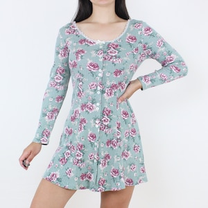 Vintage 90&#39;s ribbed floral skater dress, L.A. Gal, mini, light green w/ pink & cream, long sleeve, lace trim, tiny bow, kid core, grunge