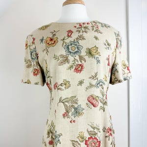 Vintage 90&#39;s Talbots linen rayon floral dress, beige w/ blue red yellow neutral flowers, short sleeve maxi sheath fit, lined, spring summer