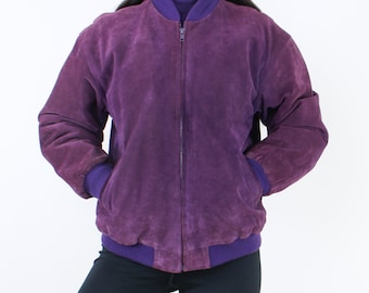 Vintage 90's purple suede jacket, bomber style, soft genuine leather, zip front, Liz Thomas, knit trim, lined, pockets, minimalist, grunge