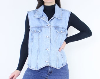 Vintage 90's light wash denim vest, Be Bop, all cotton, faux chest pockets, v front hem, collared, grunge, western, jean vest, casual,
