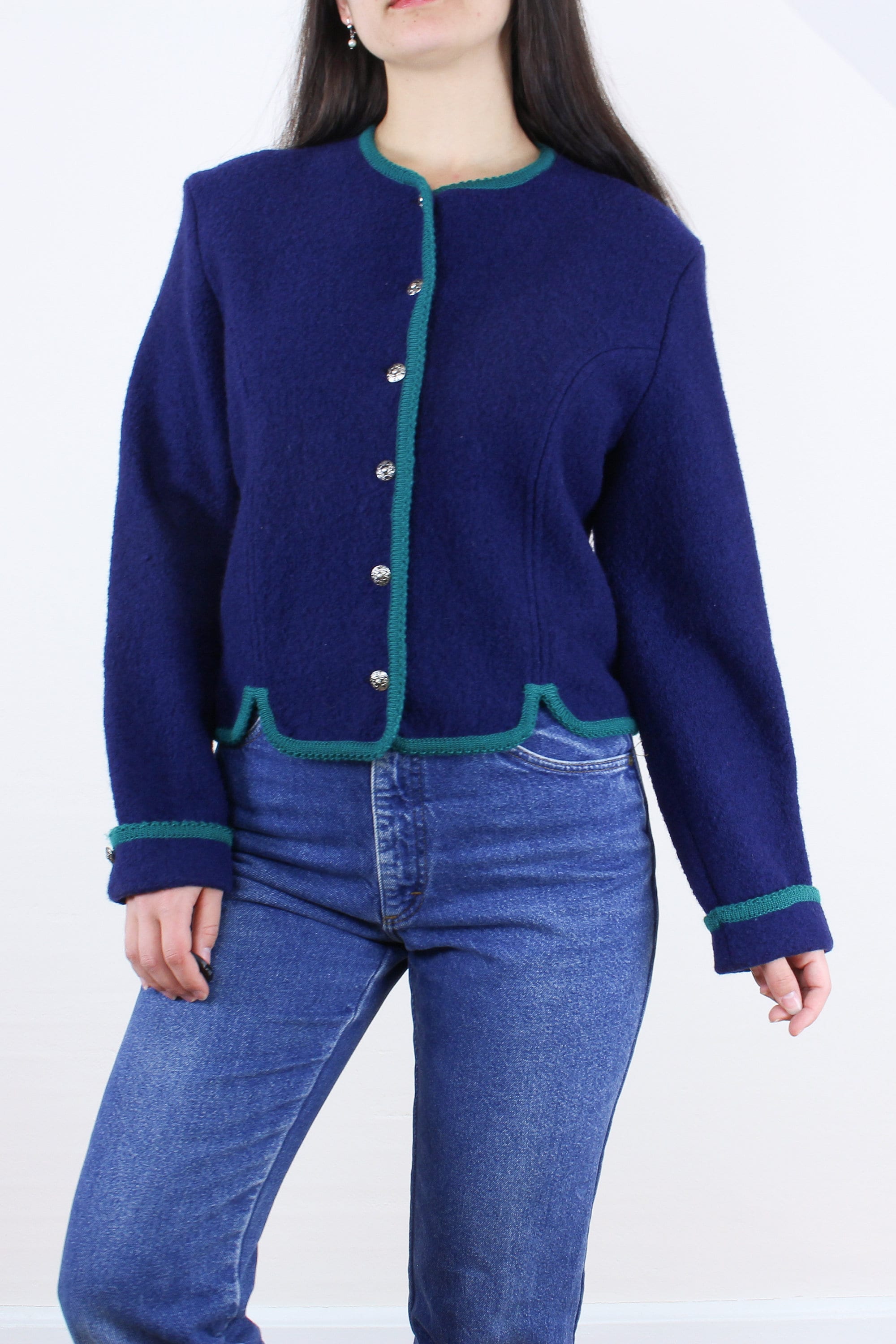 Vintage 80s Tally Ho Boiled Wool Cardigan Sweater, Navy Blue W