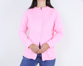 Vintage 60s/70s bright pink knit cardigan, sweater, crew neck, button up, 100% acrylic, Eileen, patch pockets, raglan sleeve, fun, unique