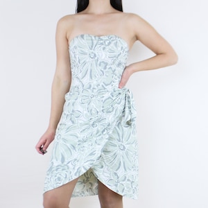 Vintage 80&#39;s strapless cocktail dress, Joni Blair, all cotton, pastel green & white floral, tulip skirt, mini length, boned bodice, formal