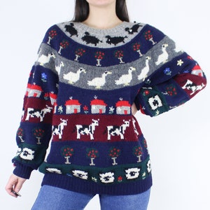 Vintage 90&#39;s hand knit barn animal sweater, novelty, cottage core, Woodstock Int., pullover, crew, trees, houses, wool, chunky knit, grandma
