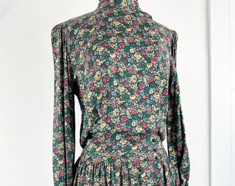 Vintage 80's floral rayon midi dress, Patty O'Neil, button up high neck, puff long sleeves, button cuffs, secretary office core autumn fall