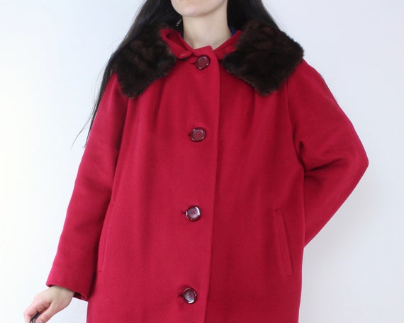 Vintage 60s Red Cashmere Coat With Mink Collar, Dress Coat, Fur 