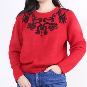 Vintage 80s red angora sweater, pullover, crew neck, beaded design, black beads, silk nylon angora rabbit hair blend, Robinsons