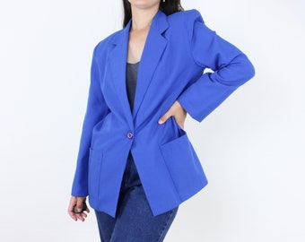 Vintage 90's blue blazer, muted royal blue, rayon poly blend, pockets, collared, single purple button closure, shoulder padding, lightweight