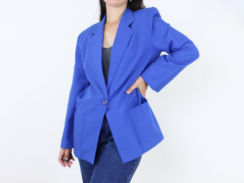 Vintage 90's blue blazer, muted royal blue, rayon poly blend, pockets, collared, single purple button closure, shoulder padding, lightweight image 1