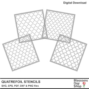 Puede incluir: Cuatro plantillas grises de trébol de cuatro hojas, dispuestas en semicírculo, con el texto "QUATREFOIL STENCILS" y "SVG, EPS, PDF, DXF & PNG files" debajo. El texto "Digital Download" aparece en la parte superior de la imagen. El texto "Blossoms Digi Shop" aparece en la parte inferior derecha de la imagen, con un icono de flor roja al lado.
