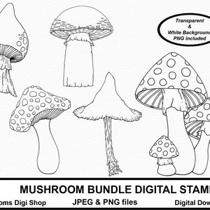 May include: A set of six black and white line art mushroom illustrations. The mushrooms are in various shapes and sizes, with some having polka dots. The text "MUSHROOM BUNDLE DIGITAL STAMPS" is at the bottom of the image.