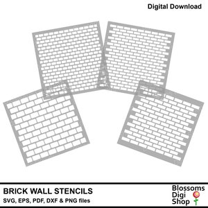 Könnte beinhalten: Vier graue Ziegelmauer-Schablonen in den Formaten SVG, EPS, PDF, DXF und PNG. Die Schablonen sind kreisförmig angeordnet.