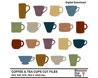 Tazas de café y té, archivos cortados svg, té de la tarde, latte png, taza vintage, casa de té, bebida caliente, taza eps, silueta dxf, uso comercial