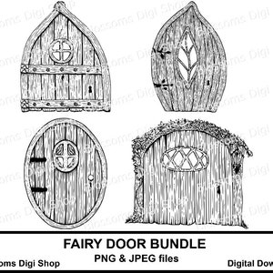 May include: A set of four black and white illustrations of fairy doors. The doors are all different shapes and sizes, and they have various details, such as windows, hinges, and doorknobs. The doors are perfect for adding a touch of whimsy to any home decor project.