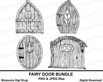 Fairy door bundle, gnome png, digital download, hand drawn clipart, fairy art, pixie door png, elf colouring page, fae png, fairy scrapbook