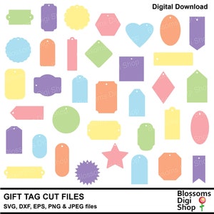 May include: A set of 25 printable gift tag cut files in various shapes and colors, including circles, stars, hearts, and rectangles. The tags are perfect for adding a personal touch to gifts.