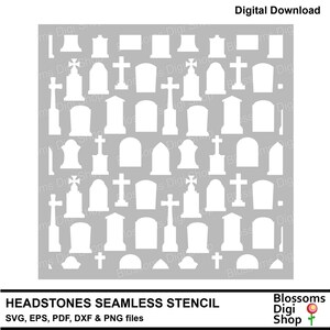 May include: A digital download of a seamless pattern of headstones in various shapes and sizes. The pattern is perfect for creating Halloween or cemetery themed crafts.