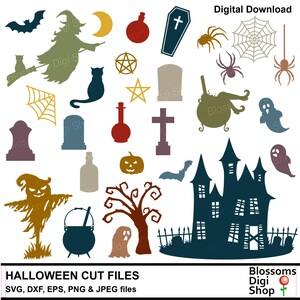 May include: A set of 18 Halloween-themed digital cut files, including a witch, a haunted house, a ghost, a spider, a cauldron, a tombstone, a bat, a tree, a scarecrow, a pumpkin, a cross, a spider web, a potion bottle, a cat, a star, a moon, and a grave. The files are available for download in SVG, DXF, EPS, PNG, and JPEG formats.