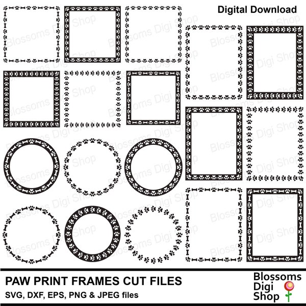 Paw print frames, svg cut files, dog paw, cat paw, pet memorial, border svg, photo frame, commercial use