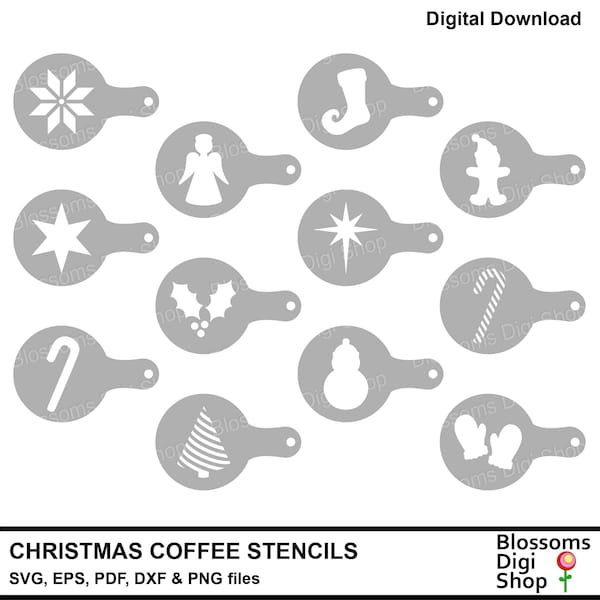 Christmas Coffee Duster Stencils, barista templates, latte svg, hot drink, angel eps, DIY stencil, xmas vector, commercial use