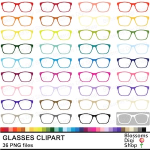 May include: A collection of 36 colorful glasses clipart images in various colors, including red, orange, yellow, green, blue, purple, and pink. The text "GLASSES CLIPART" and "36 PNG files" are displayed at the bottom.