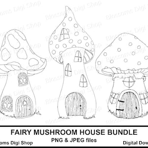 Fairy mushroom house bundle png , digital download, fairy clipart, gnome png, hand drawn line art, elf png, colouring page, toadstool png