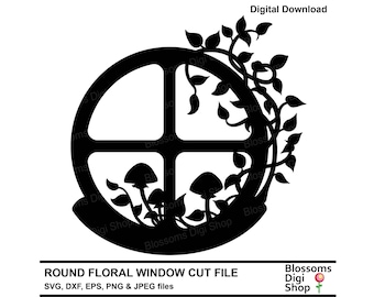 Round floral window, silhouette svg, mushroom svg, vine eps, leaf dxf, fairy house, fantasy eps, png leaves, cricut file, commercial use