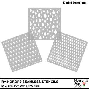 May include: Three gray stencils with a raindrop pattern. The stencils are square and feature various arrangements of raindrop shapes. The text "RAINDROPS SEAMLESS STENCILS" is at the bottom, along with file type information and a shop logo.