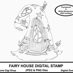 Feenhaus Digitalstempel, handillustriert, zum ausmalen, Halloween, Hexenhut, Pilz, Tür, Tür, Wanddeko, Malvorlage