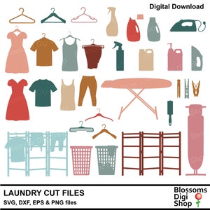 May include: A digital download graphic featuring laundry-themed cut files. The image includes silhouettes of clothing, hangers, cleaning supplies, an ironing board, and a clothes drying rack. The color palette consists of muted tones of pink, brown, green, and beige.