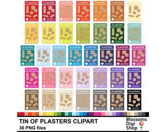 Tin of plasters, first aid, band aid, plaster tape, bandaid png, sticker clipart, medical graphic, rainbow colours, commercial use