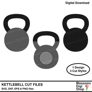 May include: Three black and gray kettlebell cut files for digital download. The files are available in SVG, DXF, EPS, and PNG formats. The text "1 Design 3 Cut Styles" is also included in the image.
