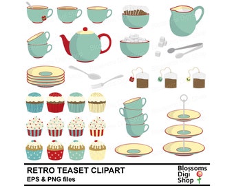 Retro Teaset Clipart, tea set, vintage elements, cupcake graphic, teapot png, editable clipart, commercial use