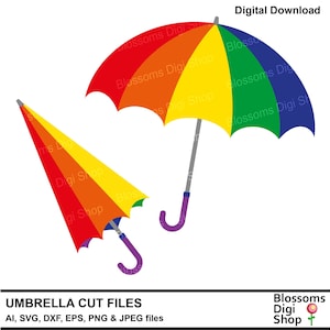 May include: Two rainbow umbrellas, one open and one closed, with purple handles.  The umbrellas are on a white background.  UMBRELLA CUT FILES AI, SVG, DXF, EPS, PNG & JPEG files Blossoms Digi Shop