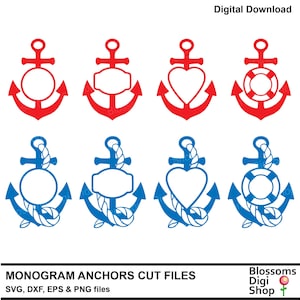 Könnte beinhalten: Acht Anker-SVG-Schnittdateien, vier in Rot und vier in Blau. Jeder Anker hat ein anderes Design: Kreis, Rechteck, Herz und Rettungsring. Der Text "MONOGRAM ANCHORS CUT FILES" und "SVG, DXF, EPS & PNG files" befindet sich am unteren Rand des Bildes. Der Text "Blossoms Digi Shop" befindet sich unten rechts im Bild.