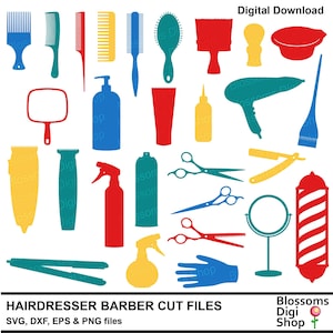 Salon de coiffure svg, fichier de coupe de barbier, fichier de coupe de ciseaux, poteau de barbiers, brosse png, peigne dxf, vaporisateur eps, ciseaux svg, graphiques de salon