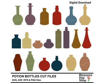 May include: A set of 18 digital cut files of potion bottles in various shapes and colors. The bottles are in a variety of colors, including red, orange, yellow, green, blue, and purple. The files are available in SVG, DXF, EPS, and PNG formats.