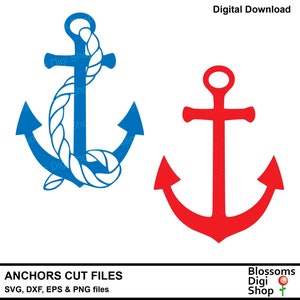 Könnte beinhalten: Zwei Anker-SVG-Schnittdateien. Ein Anker ist blau mit einem Seil darum gewickelt. Der andere Anker ist rot.