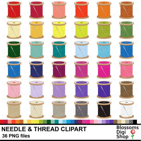 Needle and thread clipart, sewing element, cotton png, wooden spool, hobby clipart, planner icon, rainbow stickers, commercial use